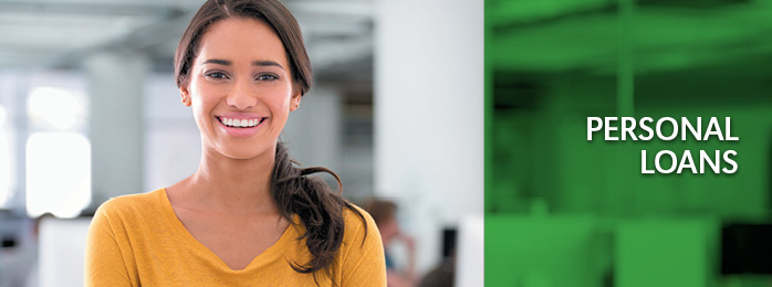 A smiling young woman in a yellow shirt welcomes you to discuss personal financing options.